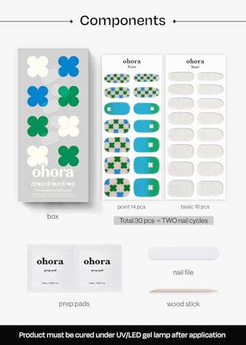 Image of ohora Semi Cured Gel Nail Strips (N Lucky Drop Clover) - Works with Any Lamps, Salon-Quality, Long Lasting, Easy to Apply & Remove - Includes 2 Prep Pads, Nail File & Wooden Stick