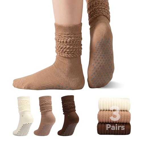 RTZAT 3 Pack Pilates Grip Socks for Women – Non Slip Yoga Socks with Dense Silicone Dots, Slouch Knee High Sticky Barre Socks, Cotton Anti Skid Studio Socks Maillard L