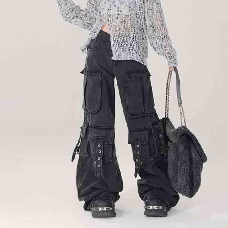 BXCNCKD Women's Retro Washed Workwear Jeans, Multi Pocket Street Loose Wide Leg Jeans, Y2K Jeans - Image 2