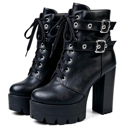 Image of MEOTINA Women Platform Boots Black Chunky Heel Ankle Booties Lace Buckle Combat Boots with Zipper High Heel Goth Shoes