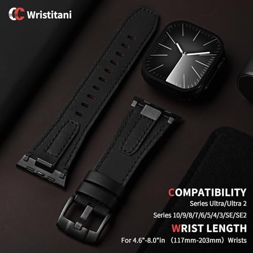 Image of Wristitani Leather Bands Compatible with Apple Watch Band 49mm 46mm 45mm 44mm for Men, Metal Connector & Genuine Leather Straps for iWatch Ultra3 /2 /1 SE3 /2 /1 Series 11 10 9 8 7 6 5 4 [NO Watch and Case]