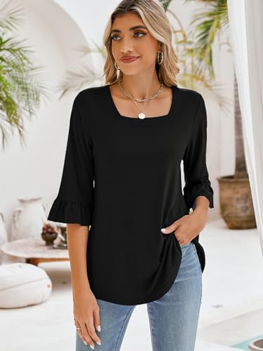 Poetsky Women's Casual 3/4 Sleeve Tops Summer Square Neck T Shirts Ruffle Loose Fit Tunic Blouses3