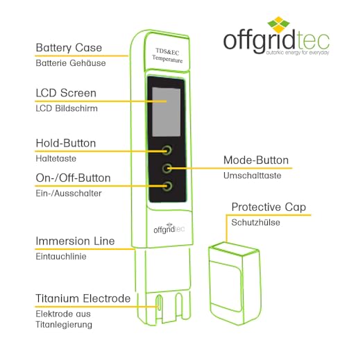 Offgridtec TDS- und EC-Leitwertmessgerät für Trinkwasser und Aquarium, 4 Modi, Automatische Abschaltung, LED-Anzeige, Präziser und Zuverlässiger Wassertester