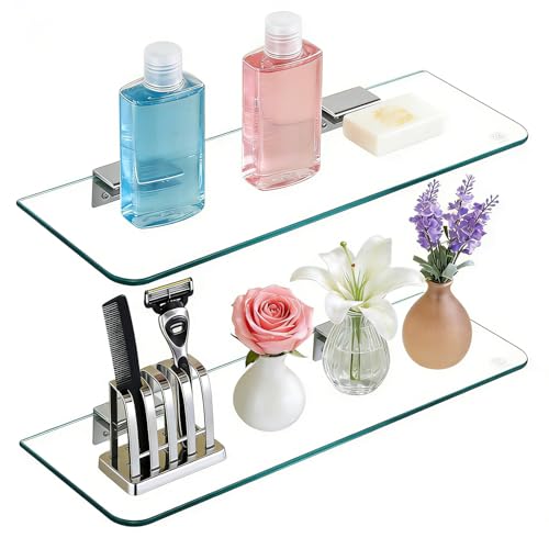 Image of Koilria Glass Shower Shelves for Bathroom 2 Tiers Tempered Glass Floating Wall Mounted Shelves for Inside Shower Adhesive Organizer Storage with Aluminum Brackets 15 x 5 Inches