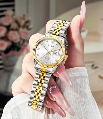 Image of OLEVS Gold Watches for Women Original Luxury Small Square Diamond Wrist Watch Analog Quartz Stainless Steel Waterproof Stylish Ladies Watch Date