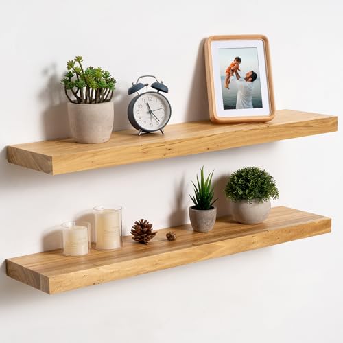 fuqing Floating Shelves for Wall, 30 inch Rustic Solid Elm Wood Floating Shelves, Wooden Wall Shelves with Invisible Heavy Duty Brackets for Living Room, Bedroom, Kitchen, Bathroom, 2 Pack, Natural by fuqing - Used condition - US$50.26
