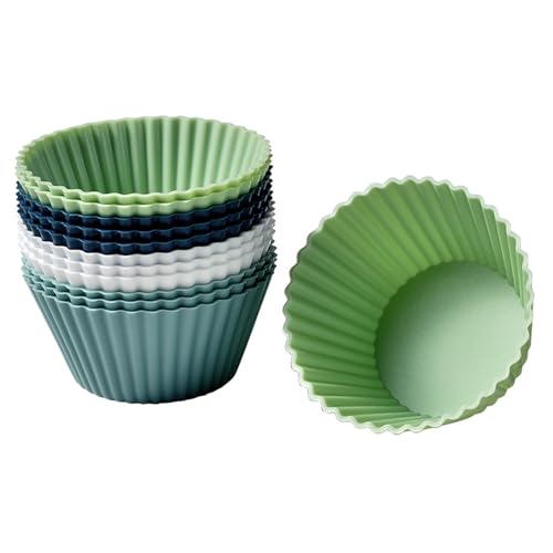MiniMood 食品級シリコンベーキングカップ 12個セット 耐熱-40℃~230℃ 電子レンジ・オーブン・食洗機対応 四色(白/青/薄緑/濃緑) 非粘着 多用途マフィン型 (ラウンド)