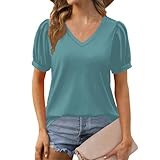 Womens Tops Loose fit Tunic Puff Short Sleeve V Neck T Shirts Lightweight Breathable Business Casual Dressy Blouses Womens Summer Tops Trendy Puff Sleeve Tops Cool Summer 2025 Womens Fashion