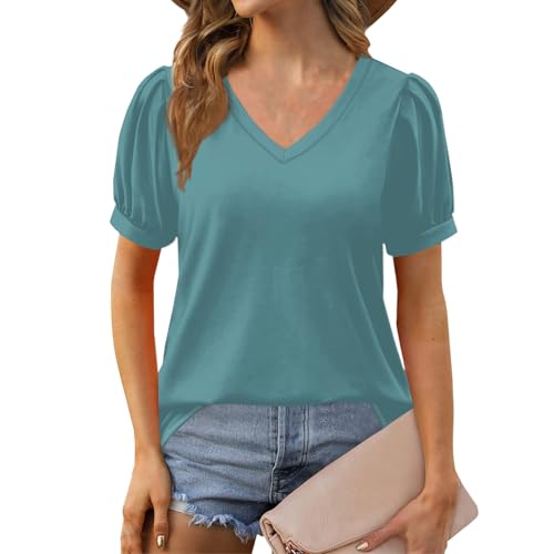 Womens Tops Loose fit Tunic Puff Short Sleeve V Neck T Shirts Lightweight Breathable Business Casual Dressy Blouses Womens Summer Tops Trendy Puff Sleeve Tops Cool Summer 2025 Womens Fashion