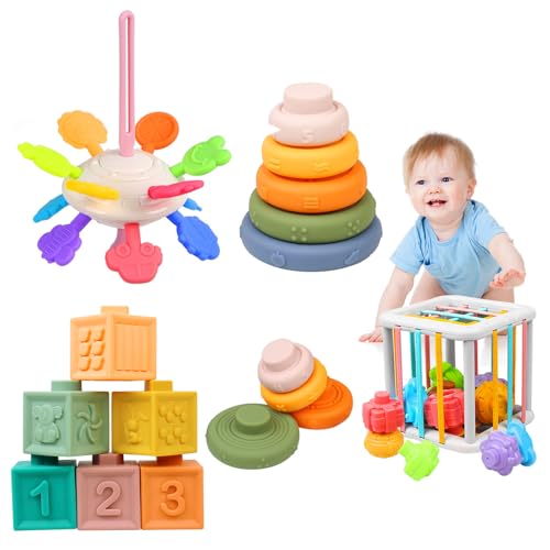 Image of OUWANCH Montessori Toys for Babies 6-12 Months, 4 in 1 Soft Baby Teething Toys, Stacking Building Blocks & Rings for Infants, Sensory Bin Toy