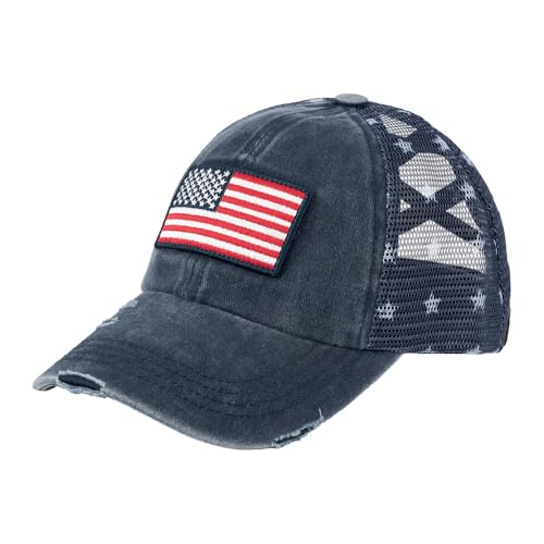C.C Womens Criss-Cross Ponytail Baseball Cap Embroidered Cotton Front American Flag Mesh Back Adjustable Velcro (US Alpha One Size Flag-Navy)