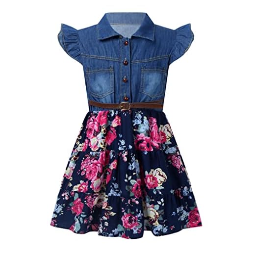 FEESHOW Kinder Baby Kleider Mädchen Sommer Denim Jeanskleider Blumendruck Süße Prinzessin Kleider mit Bowknot Navy Blau_C 134-140