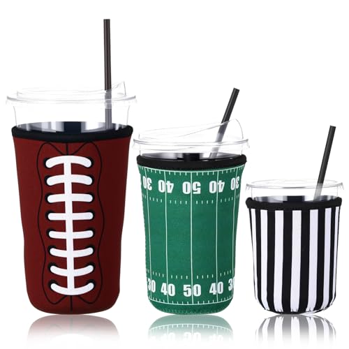 Image of LemonRoad 3 Pack Football Party Favors Reusable Football Beer Can Cooler Sleeves for Iced Coffee Cup Neoprene Coffee Sleeve Insulated Neoprene Cup Holder for Cold Beverages Iced Hot Drinks