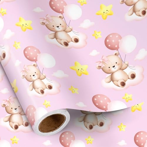 RUSPEPA Baby Shower Bear Wrapping Paper Roll for Toddler Girl, Mini Roll, Pink Bear with Clouds Balloons Stars Gift Wrap Paper for Birthday Party, Baby Shower, 17 Inches x 16.4 Feet