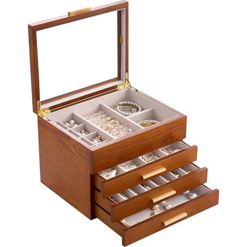 Lolalet Jewelry Box, Clear Window Wood Grain Jewelry Storage for Earrings Bracelets Necklaces Rings, High Capacity Organizer for Women, Valentine's Day Gift -Cherrywood, 4 Layers 4 Layers Ch