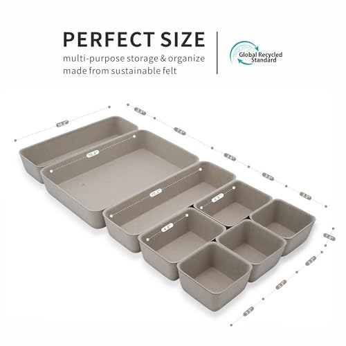 Image of Welaxy Minimalist Felt Desk Drawer Organizer Tray 8pc Stone Storage Bins