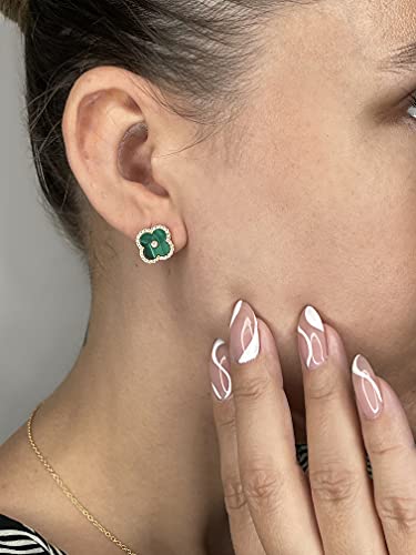 Lavari Jewelers Four Petal Halo Flower Stud Earrings for Women - Black Onyx Mother of Pearl Malachite Cubic Zirconia in 925 Sterling Silver - Hypoallergenic Gold Plated - 11 MM Push Back Studs for Her4