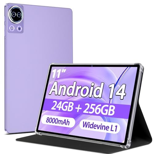 Tablet 11 Pollici Android 14 con 24GB RAM +256GB ROM (Espandibile Fino a 1 TB), Face ID, Widevine L1, Octa-Core 2.0 GHz, 5G Wi-Fi, GPS, 8000mAh, HD 1280 x 800 Incell IPS, Tablet con Custodia, Porpora