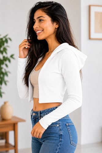 Image of Rabboni Women's Ribbed Crop Hoodie Sweatshirt with Front Zip Closure | Full Sleeve Stretch Knit Crop Top | Slim Fit Casual Hoodie for Gym, Yoga, Travel & Everyday Wear.