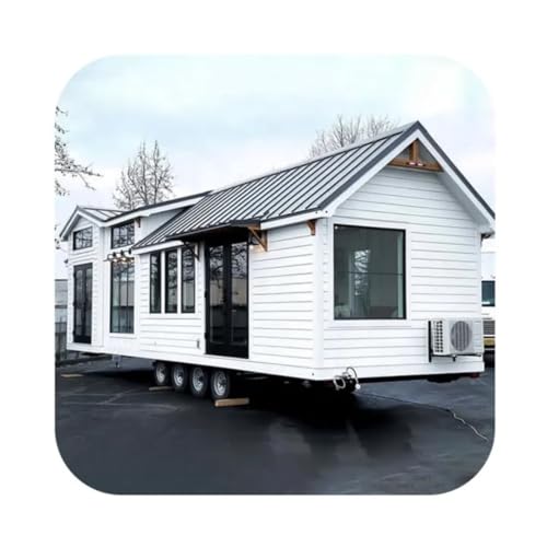 Modern Tiny House on Wheels, Metal Roof, White Exterior, Large Windows, Mobile Home with Air Conditioning