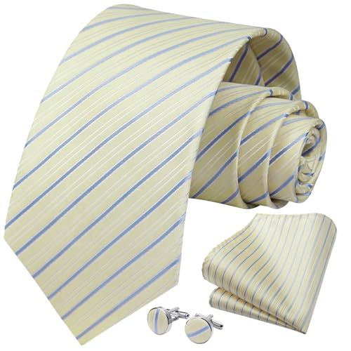 Image of HISDERN Mens Ties Set Stripe Plaid Ties for Men and Pocket Square Cufflinks Formal Silk Necktie Wedding Business