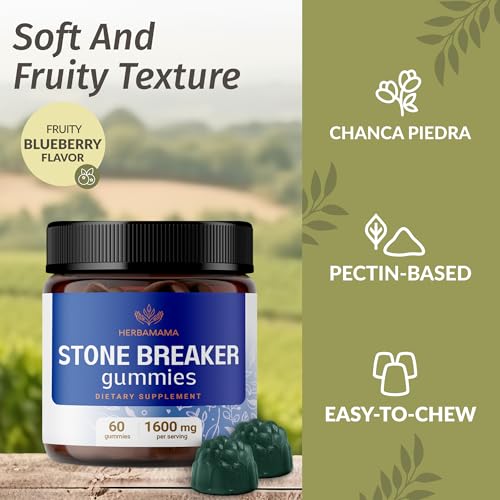 HERBAMAMA Chanca Piedra Stone Breaker Gummies - 1600mg Chanca Piedra for Urinary Tract Cleanse Detox - Vegan, Non-GMO Kidney Support Supplement - 60 Pectin-Based Blueberry-Flavored Chews