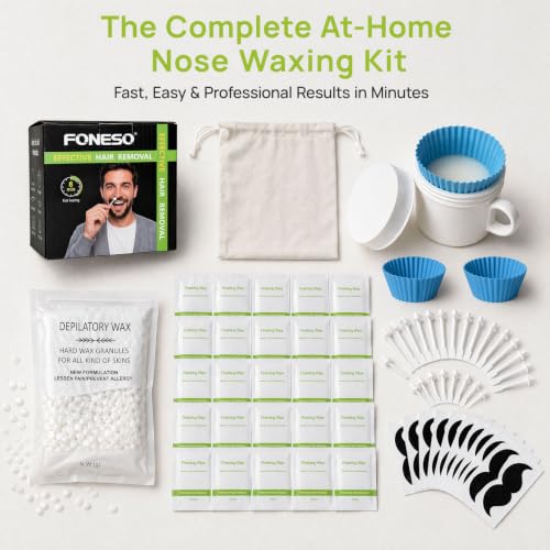Image of FONESO Nose Wax Kit with 70 Pcs Accessories, Nasal Waxing For Men and Women | Including 100g Wax, 24 Applicators, 12 Wipes & Mustache Guards, Reusable Silicone Pot, Best Nose and Ear Hair Removal Kit