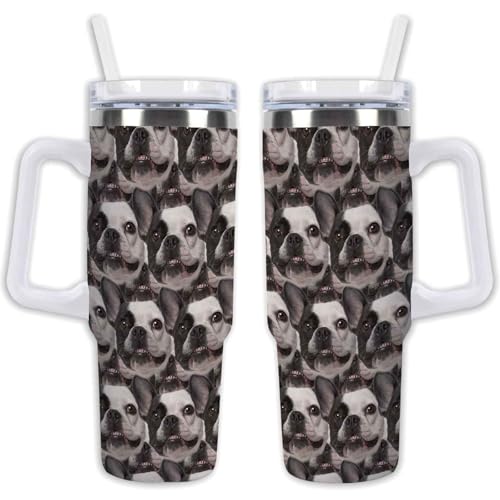 GABSHAIM Stainless Steel Tumbler Many French Bulldog Dog Faces Heads Coffee Cup 40oz Thermal Insulated Travel Mug with Handle Straw & Lid, Double Sided For Dog Puppy Lovers Style 2