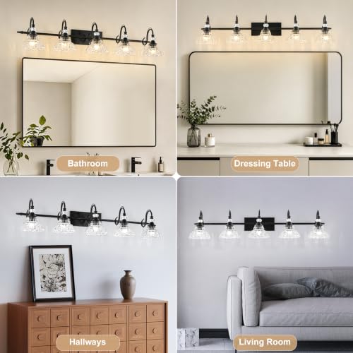 Image of Black Bathroom Vanity Light, 5-Light Matte Black Finish Farmhouse Wall Sconce with Hanging Crystal Accent and Flower-Shaped Clear Glass Shade, Wall Mount Vanity Light Over Mirror for Bathroom