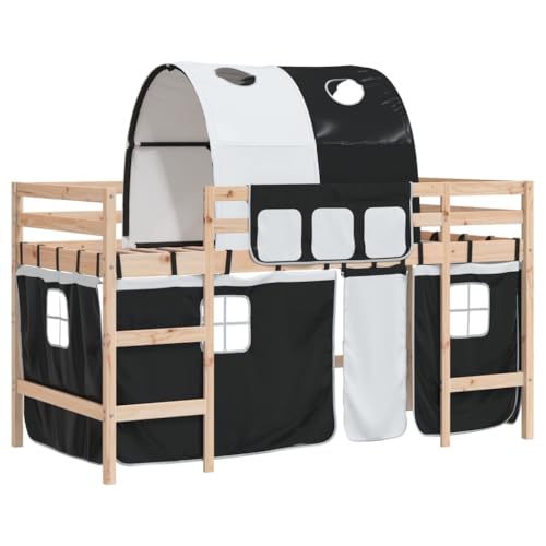 mtlskopl Lit mezzanine, 90 x 190 cm, en pin massif, avec tunnel et rideaux, blanc, noir, lit de jeu, lit simple, hauteur 78 cm, pour chambre d'enfant, chambre...