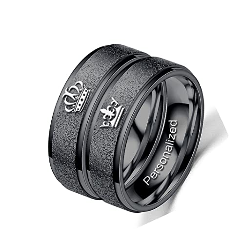 Ihanskio Anillos de pareja de Promsie Black Her King His Queen con grabado mate y corona de compromiso de acero de titanio negro Cover