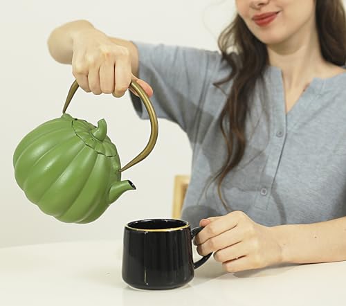 Image of VICSKY Pumpkin Cast Iron Teapot (40 oz /1200 ml), Natural Pumpkin Shape, Sturdy Iron Tea Kettle Stovetop Safe, Tea Kettle with Enamel Coated, 304 Stainless Steel Infuser (Light Green)