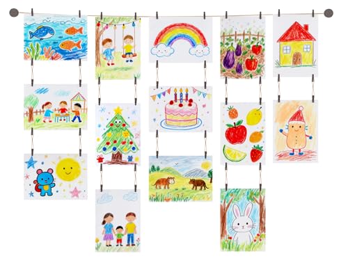 Mkono Art Display for Kids Artwork 59 L Hanging Rope Boho Wall Decor with 34 Clips Kids Art Collage Pictures Holder Wall Hanging Decoration for Room Bedroom Playroom Classroom Brown