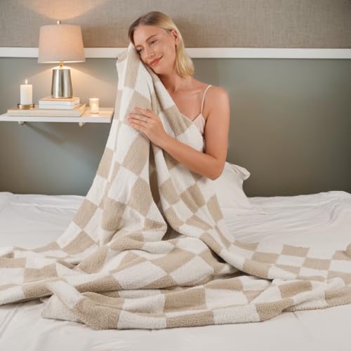 Image of QQP Checkered Throw Blanket,Soft Cozy Microfiber Reversible Checkerboard Fluffy Blanket for Home Bed Couch., 50X60In(Camel&White)