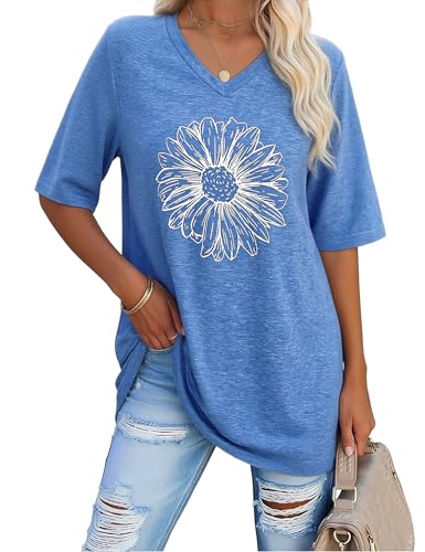 Litherday Damen Oversize T-Shirt V-Ausschnitt Kurzarm Casual Gänseblümchen Print Plus Size Freizeit Oberteil T-Shirt Sommer (Blau L)