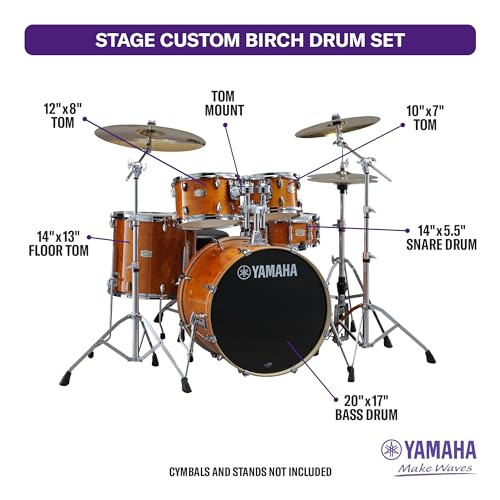 Image of Yamaha Stage Custom Birch 5pc Drum Shell Pack With a 20 Kick Drum and 14 inch Snare Drum in Honey Amber For Students and Working Drummers (SBP0F50HA) | 100% Birch Shells, Includes 20x17 Bass, 10x7 and 12x8 Rack Toms, 14x13 Floor Tom, 14x5.5 Snare, Hand-Lacquered Finish