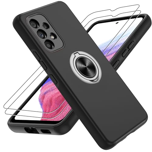 Gritup für Samsung Galaxy A53 Hülle mit 2 Stück Schutzfolie Militärstandard Stoßfeste Handyhülle Robuste Fallschutz Schutzhülle 360 drehbare Metallhalterung Case für Galaxy A53 Schwarz