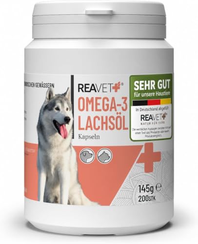 ReaVET Lachsöl Kapseln für Hunde & Katzen, 200 Stück – Omega-3 Fischöl mit EPA & DHA, hochdosiertes Lachsöl in Lebensmittelqualität für Haut & Fell