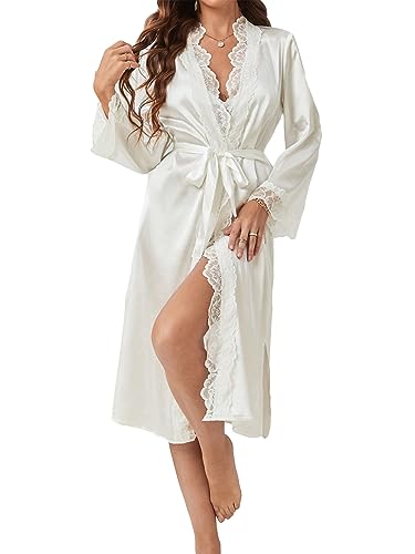 OYOANGLE Women's Satin Robe Long Sleeve Open Front Floral Lace Trim Belted Bride Wedding Party Bathrobes