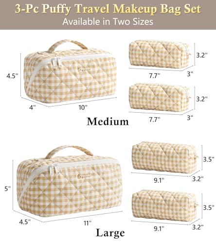 Image of Travel Makeup Bag, Large Capacity Puffy Toiletry & Cosmetic Bag for Women | 3 PCS Open Flat Quilted Makeup Cosmetic Organizer, Waterproof w /Clear Divider Portable Pouch for Skincare Travel Essentials