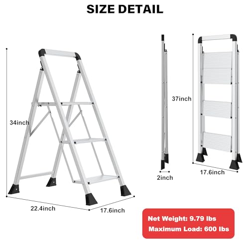 3 Step Aluminum Ladder with Wide Pedal and Handgrip, 600 lbs Capacity Heavy Duty Step Stool, Lightweight Aluminum Step Ladder, Foldable Ladder with Large Non-Slip Feet for Home, Kitchen & Garage by DIAMONDFORGE - Image 6
