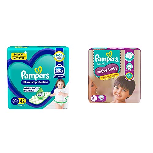 Image of Pampers All round Protection Pants, Double Extra Large size baby diapers (XXL) 42 Count, Lotion with Aloe Vera & Active Baby Taped Diapers, Extra Large size diapers, (XL) 32 count