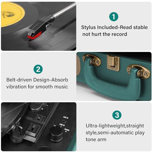 Image of Vinyl Record Player Bluetooth Turntable 3-Speed Suitcase Portable Vintage Belt-Driven Record Player with Speakers RCA Line Out AUX in Headphone Jack