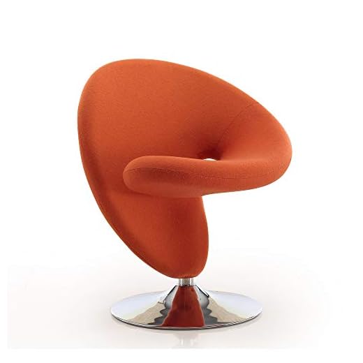 Manhattan Comfort Curl Mid Century Modern Wool Blend Upholstered Living Room Swivel Accent Chair with Chrome Metal Base, Set of 1, Orange