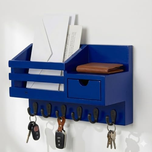 Image of Wooden Wall Mounted Key Holder with Hooks and Organizer Shelf Wall Rack for Letters Wallets and Accessories Home and Office Wall (Blue, Drawer Organizer - 35.5 x 9 x 23 cm)