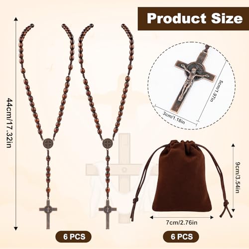 Wooden Bead Rosary Necklace, Catholic Rosary Wood Carved Beads with Jesus Cross, Wood Rosarys Beads Necklace Bulk with Organza Bags Pouch Baptism Favors2