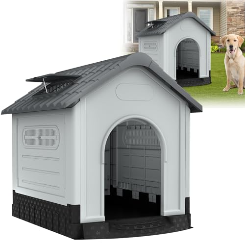 HENGMEI Niche pour chien en plastique XXL - Imperméable et isolée - En plastique avec fond surélevé - Toit ouvrant - Cage pour chat - Pour l'extérieur et l'intérieur - 105 x 89 x 99 cm