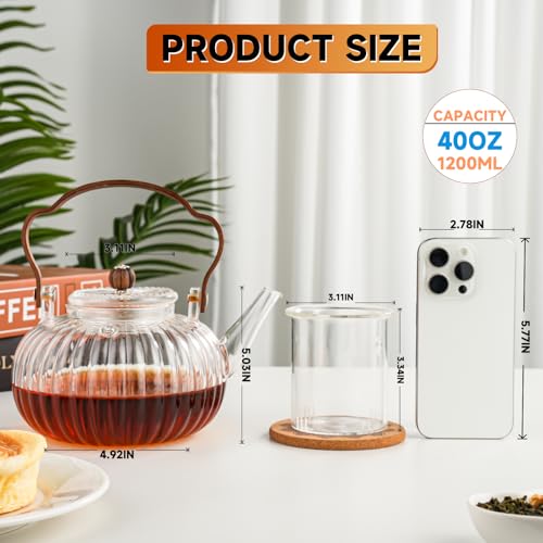 GURUDAR 40OZ/1200ML Glass Pumpkin Teapot with Removable Infuser & Lid, Stovetop & Microwave Safe Clear Borosilicate Glass Tea Maker Water Kettle for Loose Leaf Blooming Tea