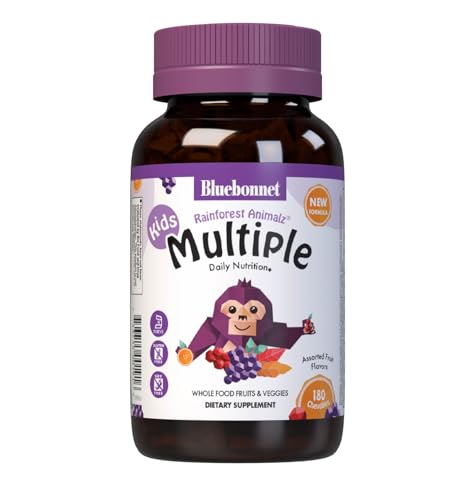 Bluebonnet Nutrition Rainforest Animalz Whole Food Based Multiple Chewable Tablet, Kids Multivitamin & Mineral, Vitamin C, D3, Iron, Gluten Free, Milk Free, Kosher, 180 Chewable Tablets, Mixed Flavor