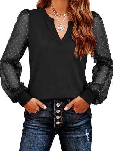 Pawate Spitzen Oberteile Damen Bluse elegant Langarm Shirts Herbst Tunika Tops (Schwarz/L)